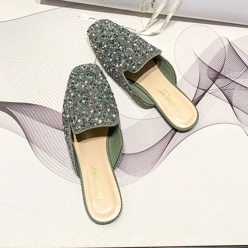 

Baotou Women Half Rhinestone Slippers Flat Fashion Single Shoes Muller Shoes with Beads Women's Casual Comfortable Shoe QC1225-4