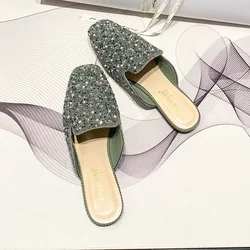Baotou Women Half Rhinestone Slippers Flat Fashion Single Shoes Muller Shoes with Beads Women's Casual Comfortable Shoe QC1225-4