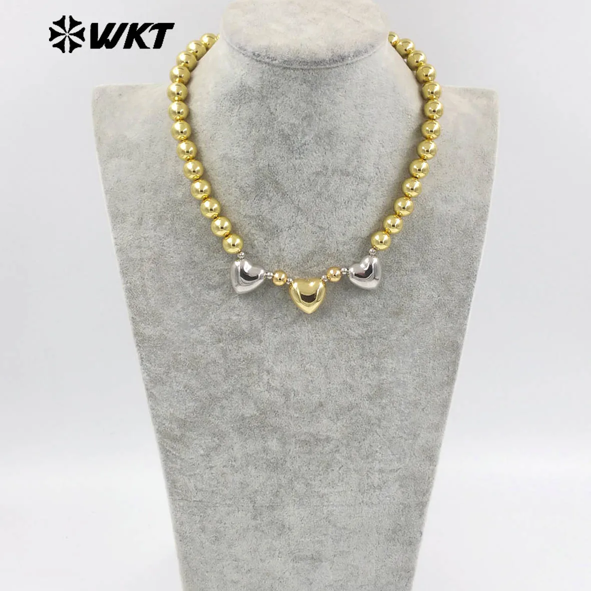 

WT-JFN27 Wholesale New 18K Gold Plated Natural Yellow Brass Round Beads Love Shaped Women Fashion Necklace Jewelry Finished