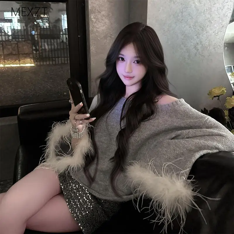 Elegant Off Shoulder Sweater Women Fur Patchwork Knitted Pullovers Fashion Sexy Long Sleeve Knitwears Winter Korean Jumpers New