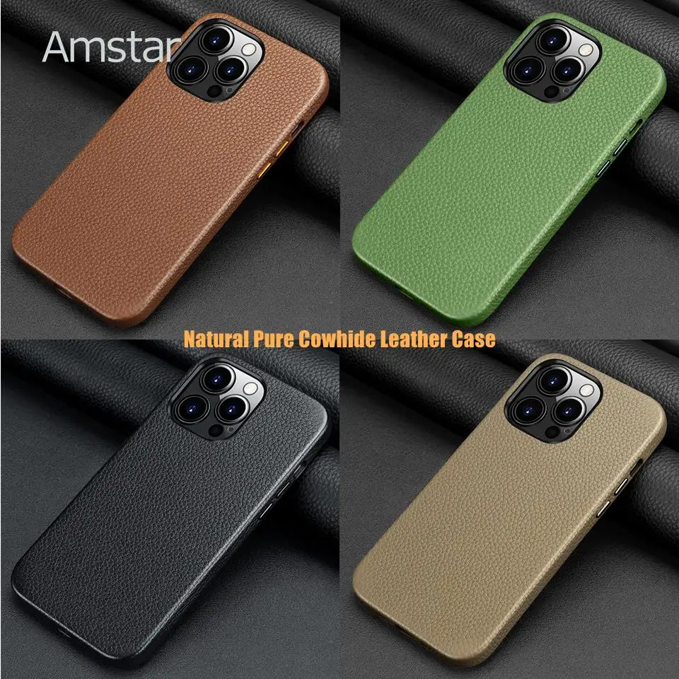 

Amstar Natural Cowhide Leather Magnetic Phone Case for iPhone 14 13 12 Pro Max 14 Plus Luxury Pure Cowhide Leather Cases Cover