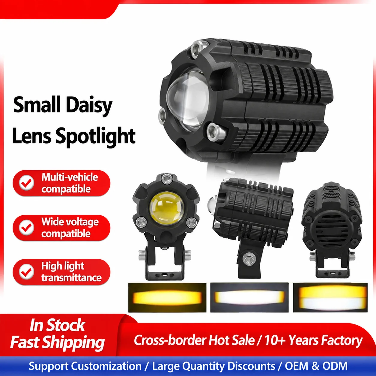 Motorcycle LED Spotlight with Lens, 12V Auxiliary Driving Light High Low Beam for Scooter, Waterproof Universal Headlight