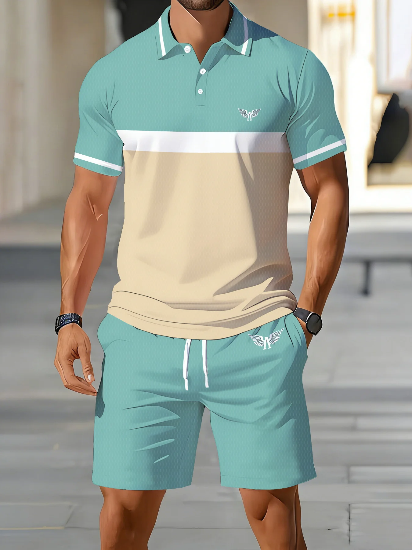 

Men's Mint Beige Contrasting Wing Print Polo Shirt and Shorts Two-piece Quick Drying Casual Sportswear Set