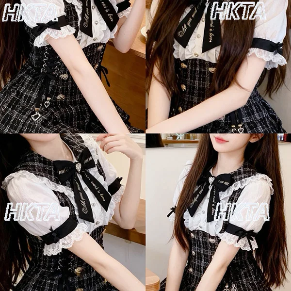 اليابانية الحلو الإنتاج الضخم فقاعة فستان قصير الأكمام المرأة 2025 الخريف جديد عالية الخصر سليم تويد فستان السراويل قطعتين مجموعة #4