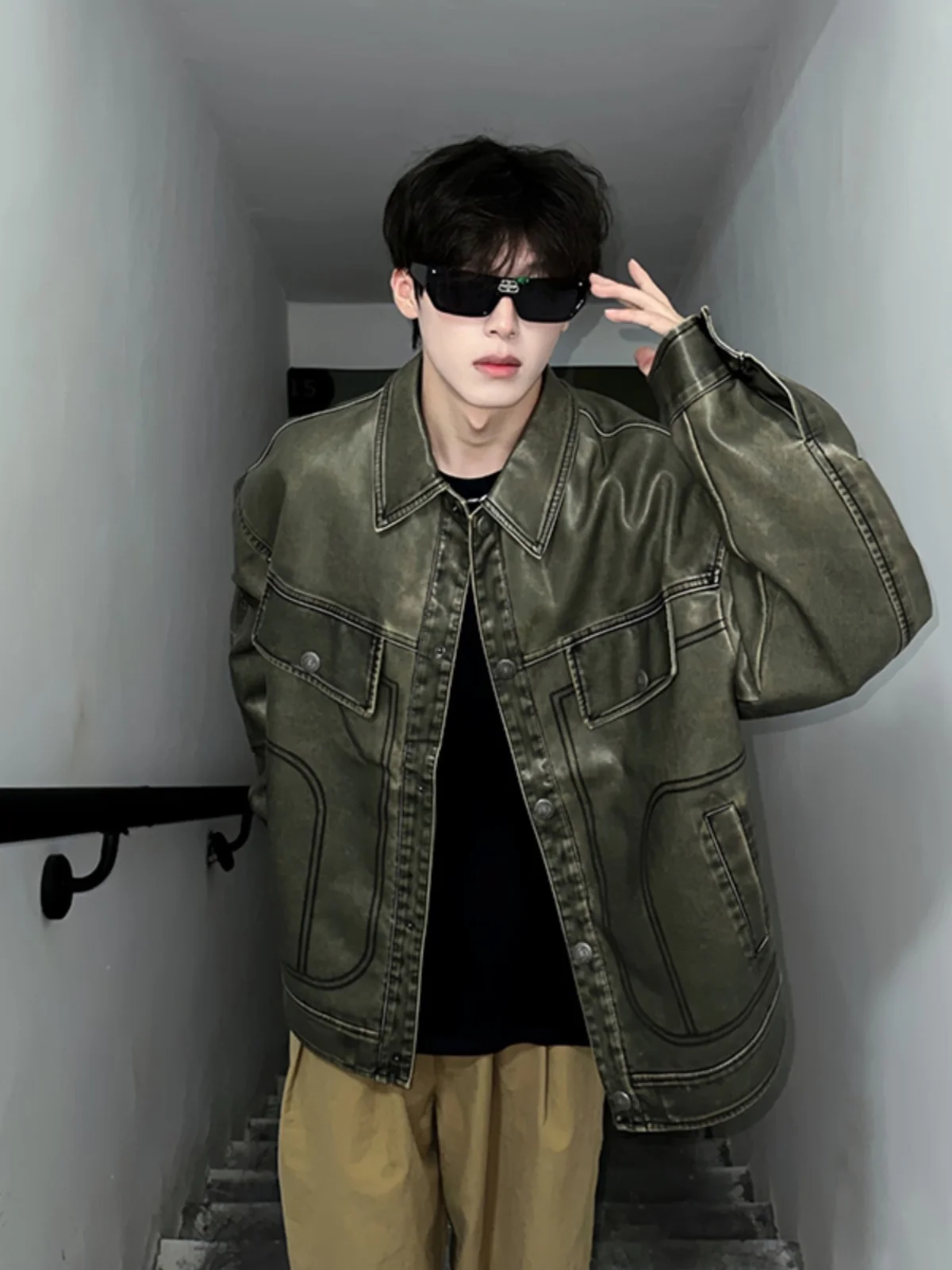 

Мужская кожаная куртка в стиле пэчворк в стиле американского сле, модная крутая одежда для езды на мотоцикле, винтажная рабочая одежда, байкерская куртка