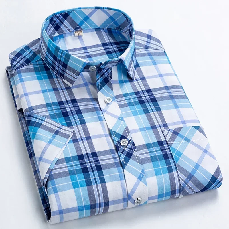 Camisas de manga corta a cuadros para hombre, camisas informales formales de negocios, camisas ajustadas de algodón, Tops de vestir de ocupación, moda de verano