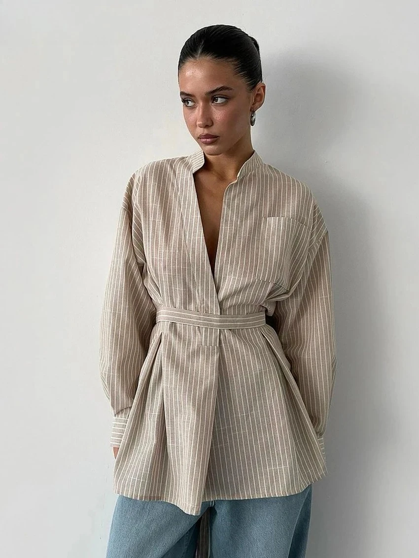 

Vintage Loose Brown Stripe Women Shirts Fashion Stand Collar Long Sleeve Shirt Elegant Classic Top Female Clothing