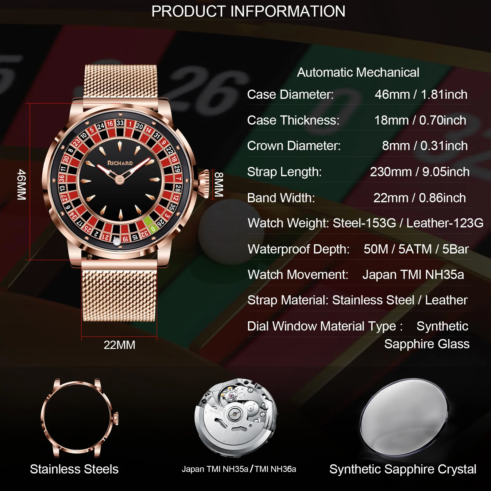 Richard Jacob & Co Mens Mechanical Watches Stainless Steel NH35 Watch Men Top Brands Luxury Wheel Turning Sapphire Glass Watches