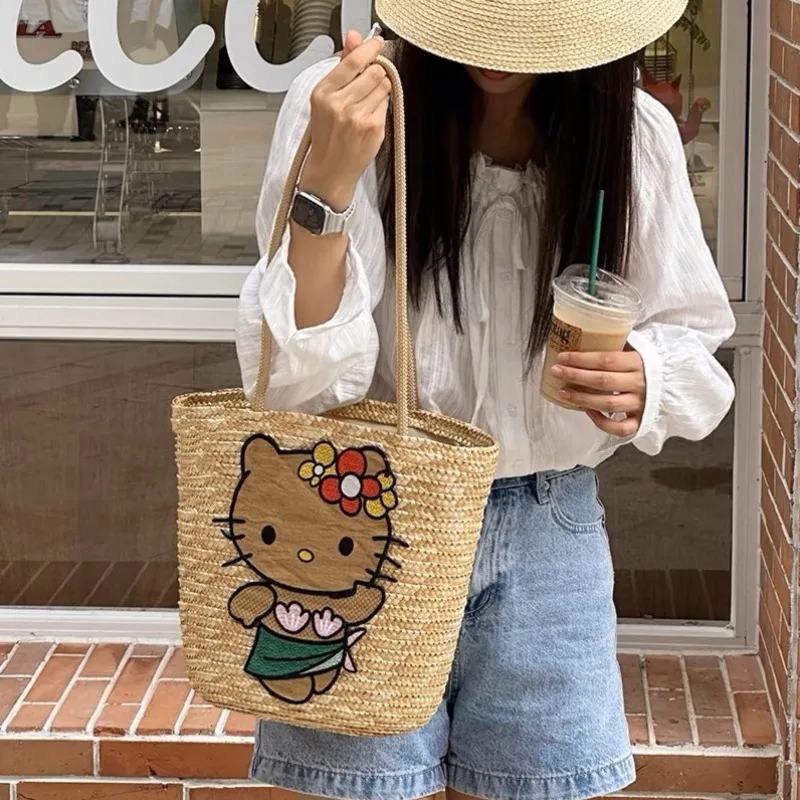 Miniso Hellokitty Bohemian Woven Handbag Sanrio KT Printed Beach Style Shoulder Bag Large Capacity Casual Basket Bags For Women