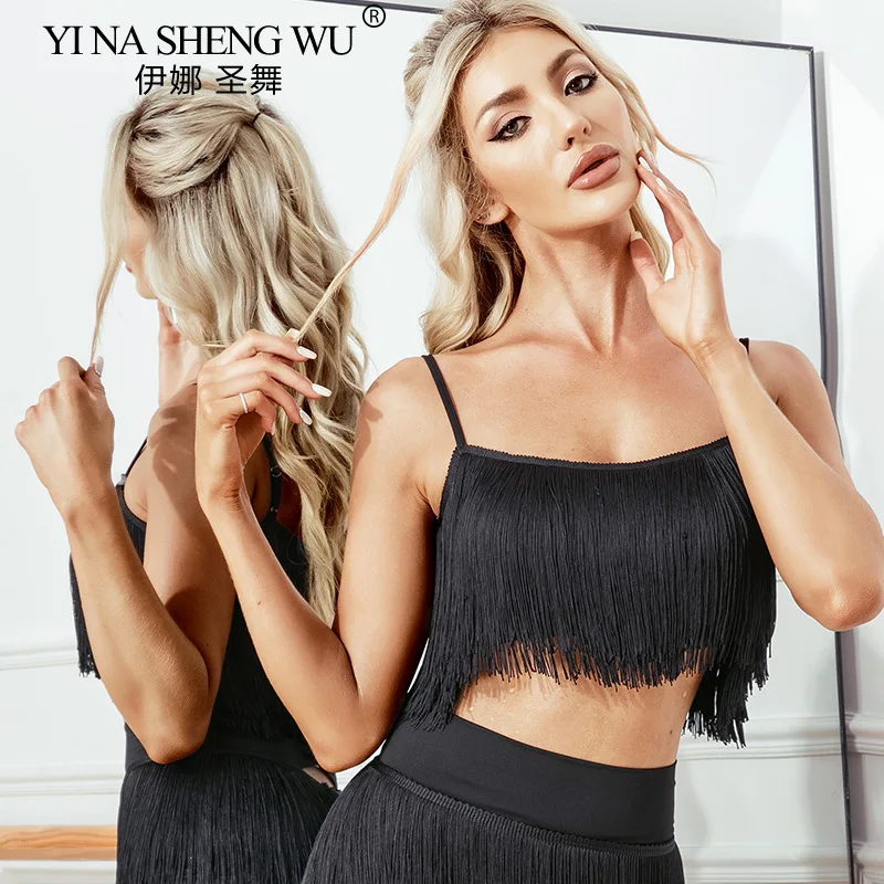 Top de práctica de baile latino, Top con tirantes con flecos cifrados de doble capa, ropa de entrenamiento profesional femenina de baile estándar nacional