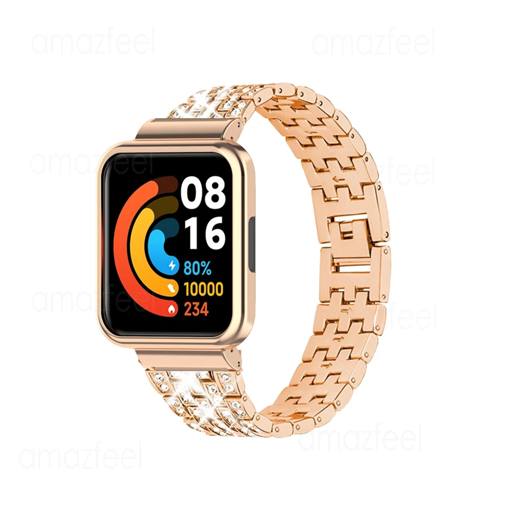 2in1 ダイヤモンドストラップ + ケースプロテクター Xiaomi Redmi Watch 3 アクティブブレスレット金属ステンレス鋼リストバンドコレアアクセサリー