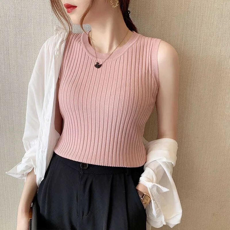 Summer Women's Ice Silk Knitted Vest round Ne Svel Base Layer Slimming Versatile Outerwear  Color Commute Sle