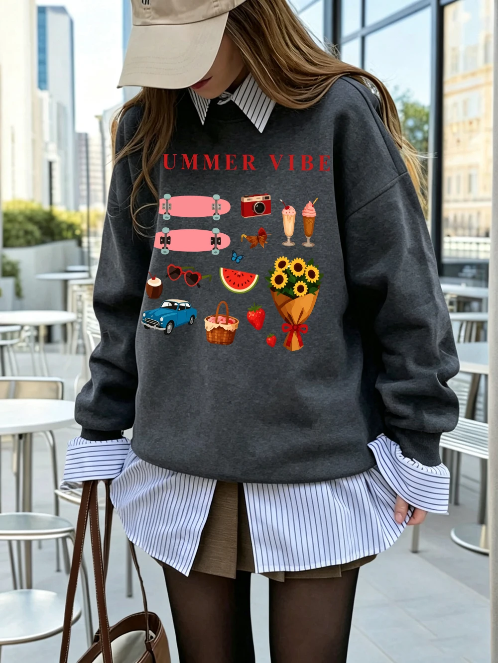 Summer Vibe Pattern Printed Sweatshirts Womens Fleece Warm Sporty Hoodies Crewneck Loose Pullover Winter Soft Womans Clothes