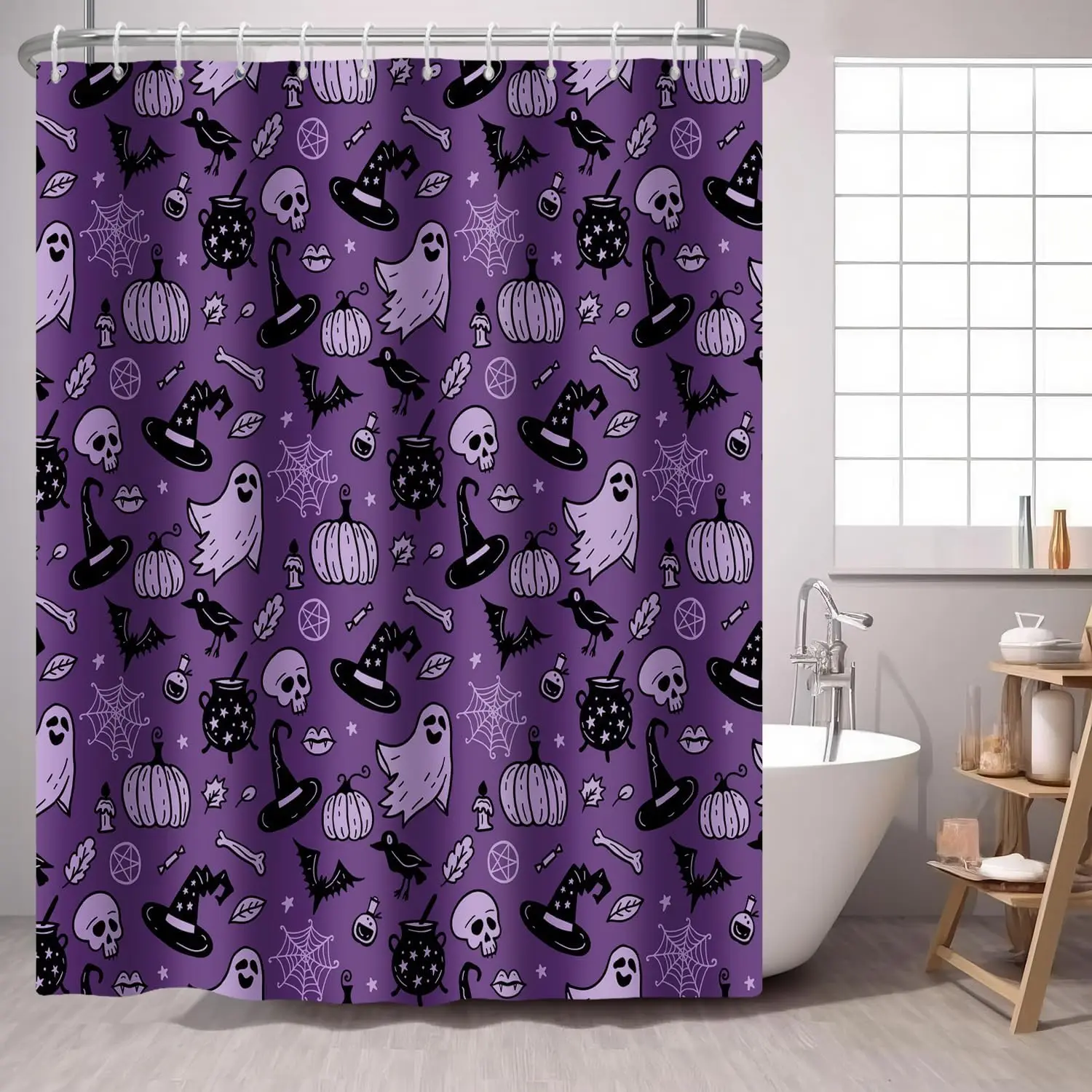 

Занавеска для душа на Хэллоуин, фиолетовые призрачные черепа, вороны, паутина, летучие мыши, ведьмы, тыква, ткань, занавески для душа, аксессуары для ванной комнаты 72x7