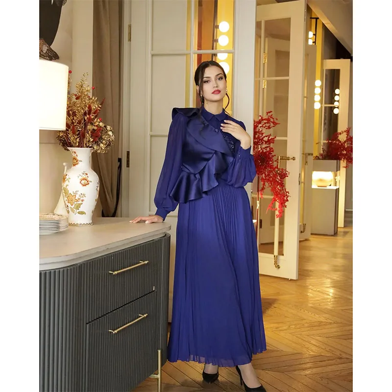 Vintage Long Purple Evening Dresses High Neck Chiffon Long Sleeves A Line Pleated Ankle Length Custom Made for Women Party Gowns