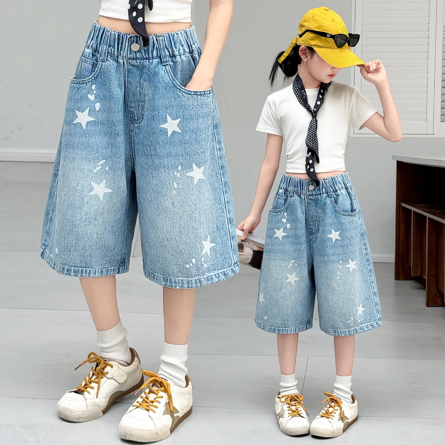 Stylish Kids Child y2k Denim Shorts with Stars for Tweens Girl Harajuku Vintage Star Print Denim Shorts Summer Daily Wear Bottom