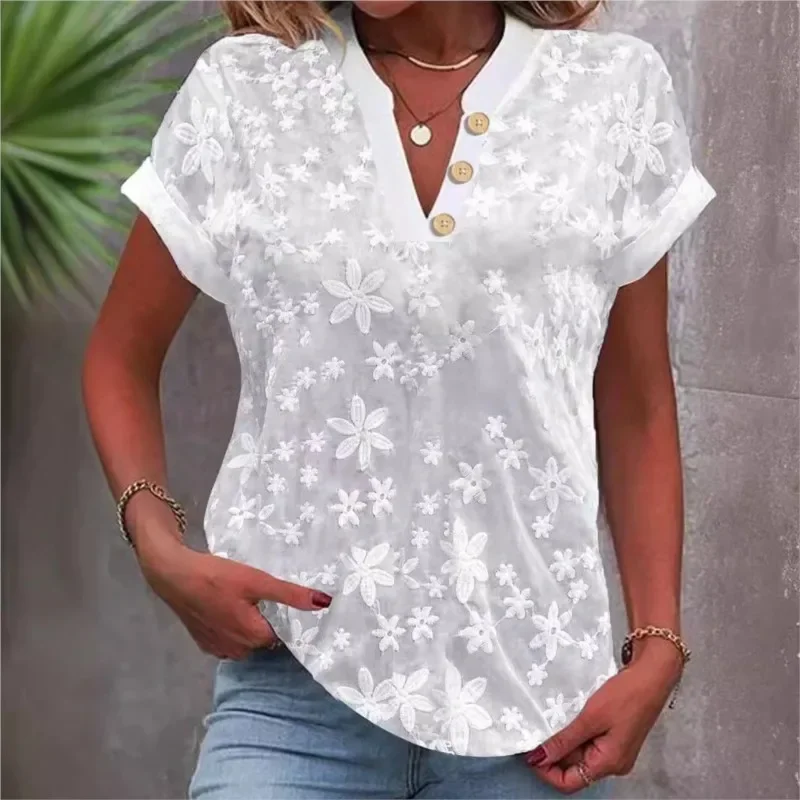 

Spring Summer Simple Solid Color V Neck Shirt Top Eleant Women Fashion White Short Sleeve Casual Slim Blouse Top