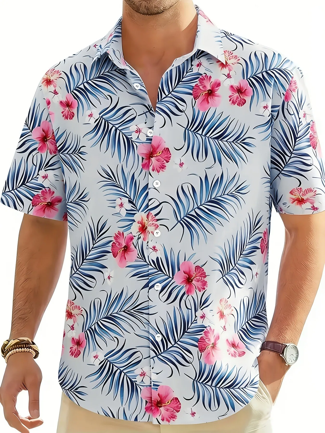 

Men's 3D printed short sleeved shirt with leaves, summer men's casual shirt