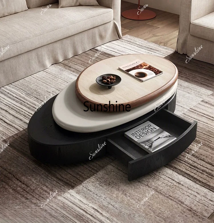 Italian minimalist wind tunnel stone slab rotatable light luxury storage coffee table