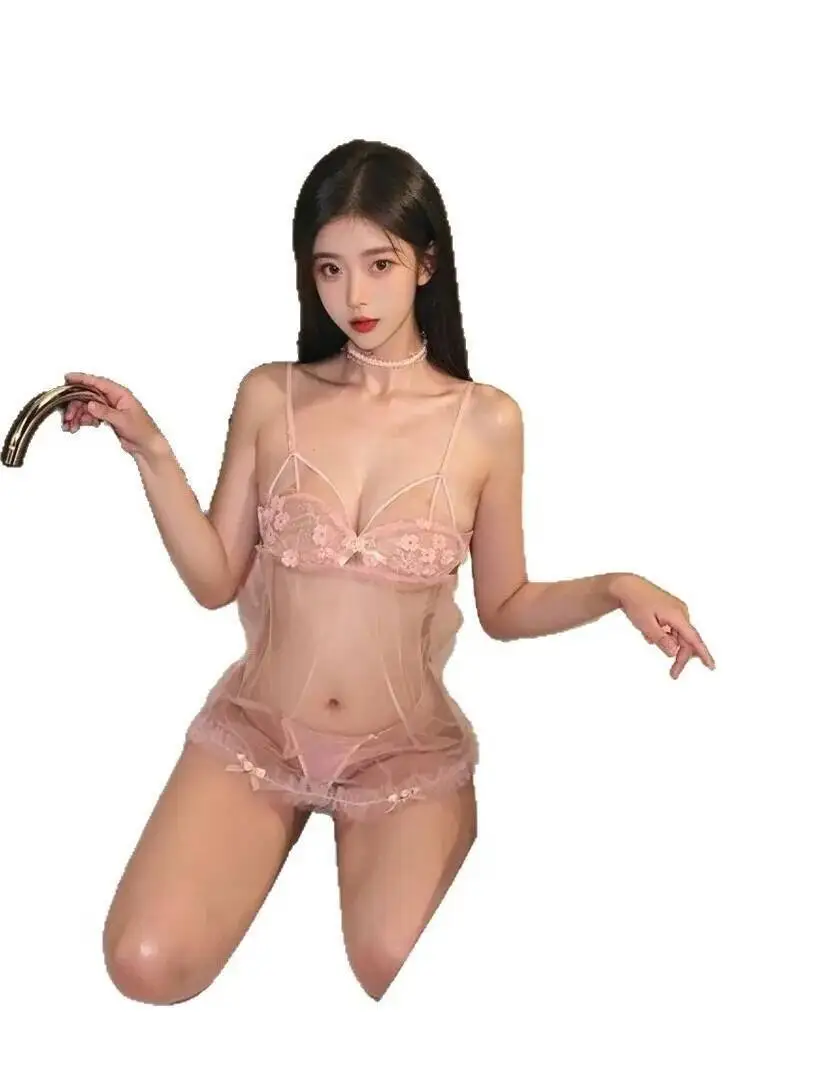 New Sexy Backless Deep V Suspenders Sleeveless Sweet Mesh Transparent Dress Ultra-thin Short Pure Desire Mesh Dress Elegant 15MO