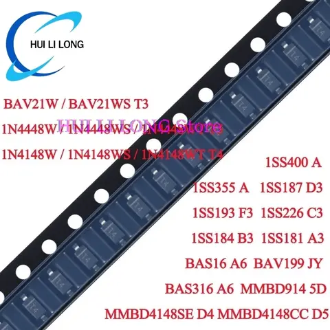 1N4148W 1N4148W 1N4148WS T4 1N4448W 1N4448WS T5 BAV21W BAV21WS T3 1SS355 A BAS316 A6 1SS226 C3 SMD Switching Diodes  100pcs