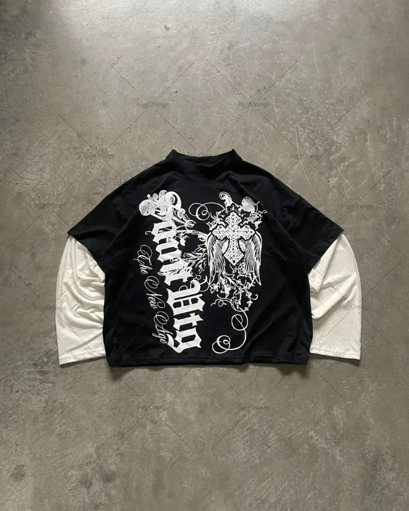 

Новый американский ретро-трендовый пуловер для пар, уличный стиль Харадзюку, искусственный топ из двух частей в стиле хип-хоп, свободный модный топ с длинными рукавами