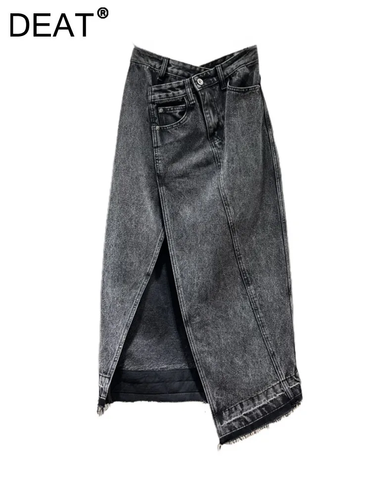 

DEAT Women's Denim Skirt High Waist Asymmetric Patchwork Split Aline One-step Black Long Skirts 2024 Autumn New Fashion 29L7766