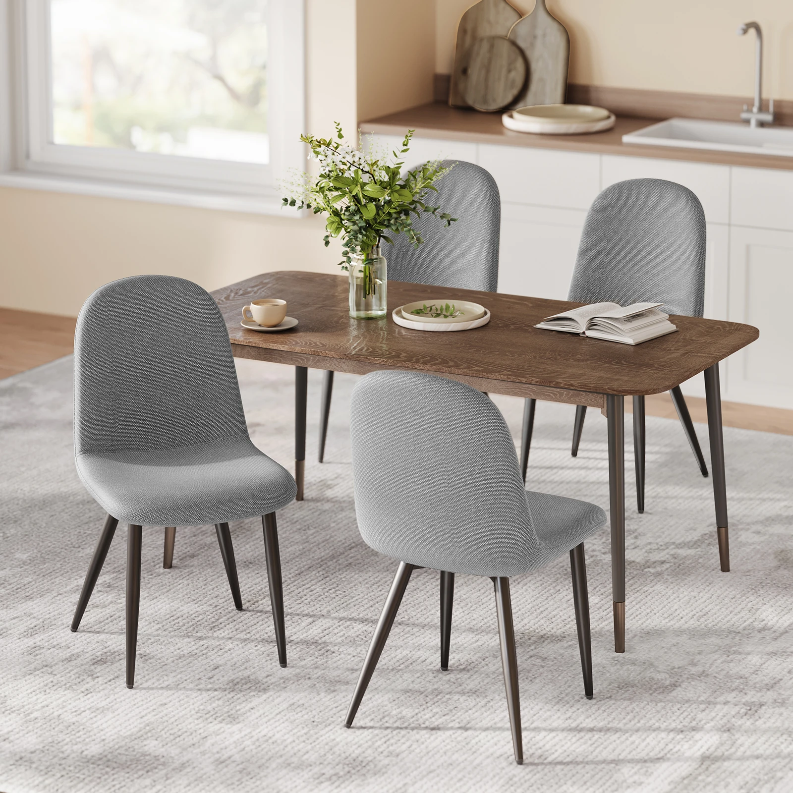 Lot 4 Chaises Salle à Manger en Tissu Lin Gris, Dossier Ergonomique avec Pieds Métal, Assise Confortable pour Salon Cuisine Chambre