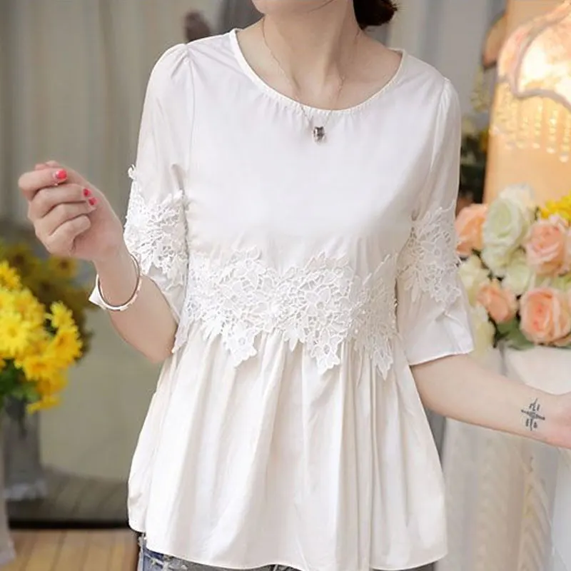 Women\'s Clothing Lace Patchwork Blouse Casual Round Neck 2023 Summer Flare Sleeve Korean Sweet Waist Solid Color All-match Shirt