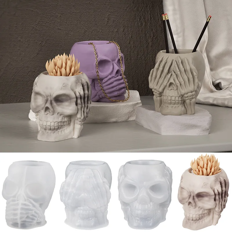 3D Skull Penholder Silicone Mold DIY Halloween Decorative Flowerpot Jewelry Storage Box Mould Soap Plaster Casting Holiday Gifts