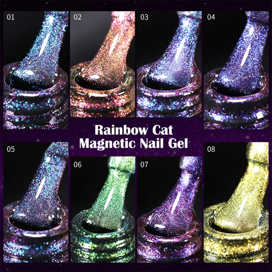 9pcs Nail Cat Eye Gel Set Rainbow Cat Effect Magnetic Gel Polish, Soak Off UV LED Gel Polish Manicure Nail Art With Magnet Stick