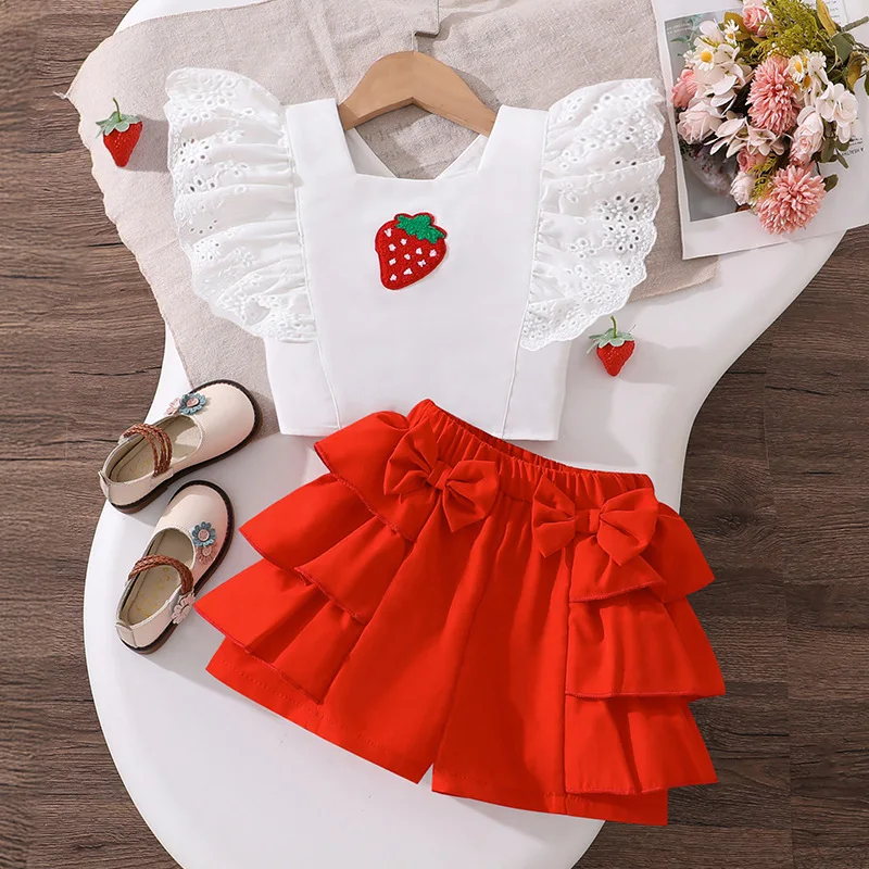 Children's Clothing Girls' Outfit Summer New Style Children's Flying Sleeve Top Bow Multi-layer Edge Shorts