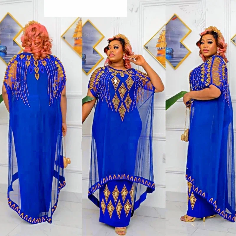 

African Dresses For Women Short Sleeve Turkey Diamonds Evening Wedding Party Floor Length Dress Muslim Africa Clothes 2023