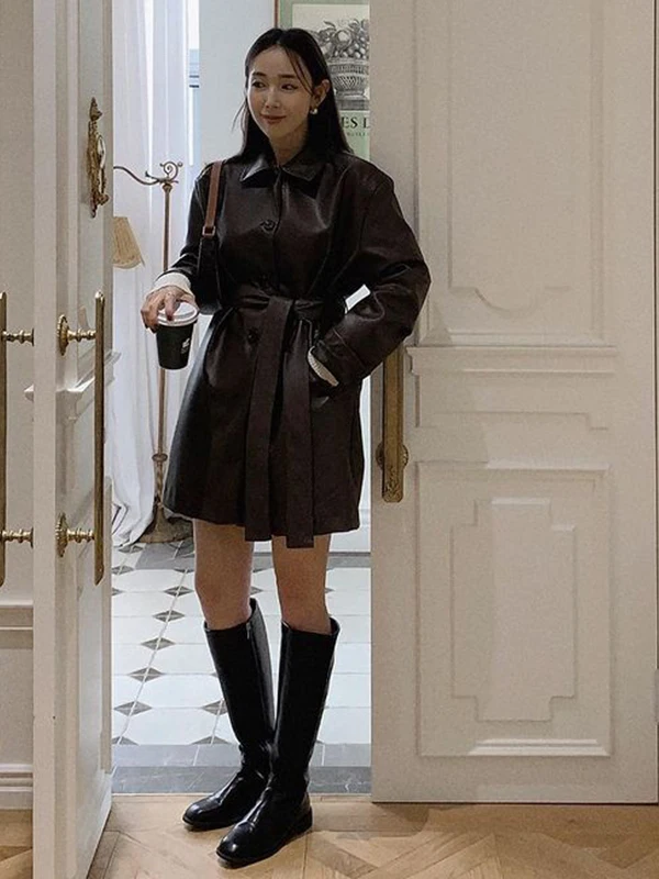 Bla Leather Jaet Women's Autumn Winter Faion Long Belted Slimming Trendy PU Leather Coat Casual Sle Medium Length