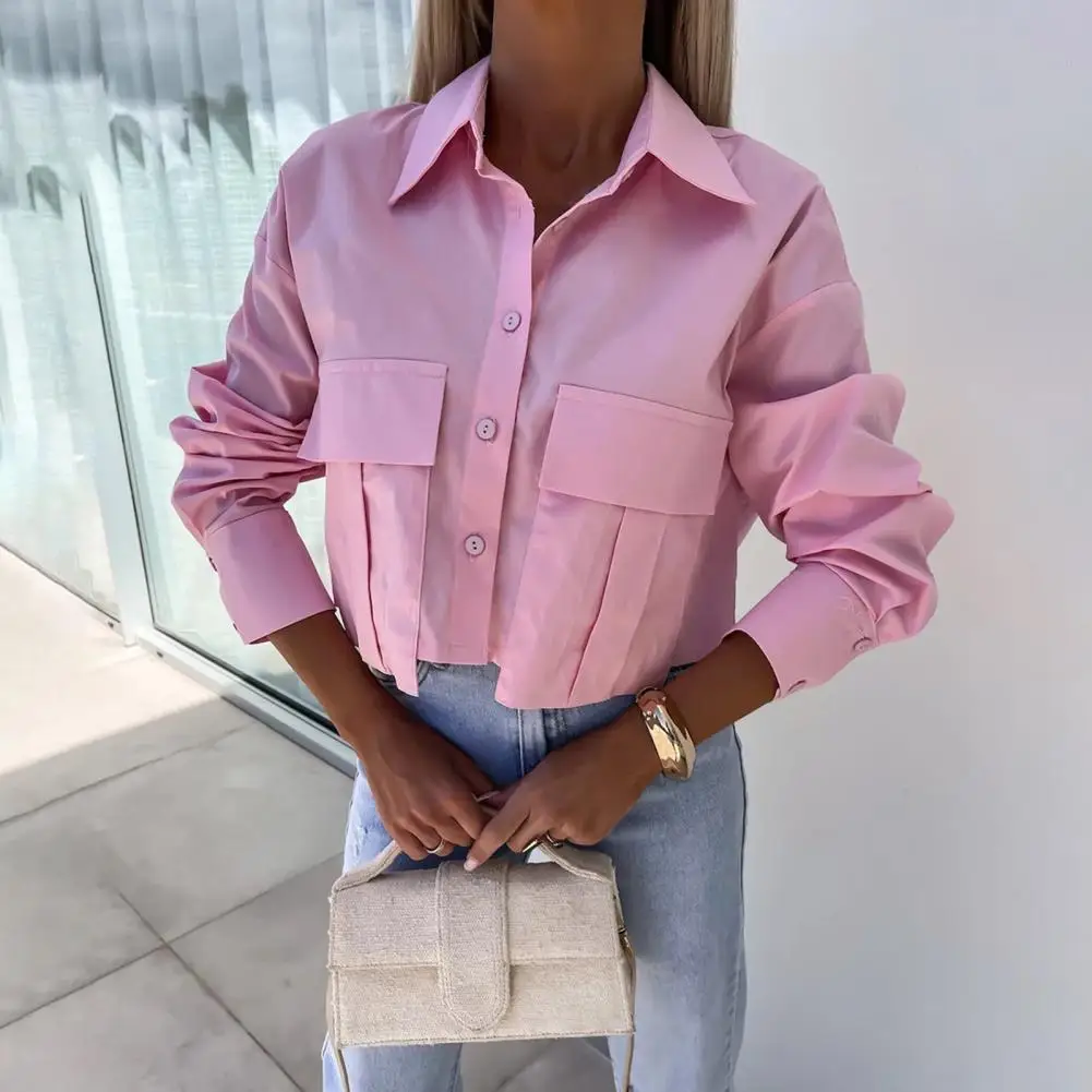 Multi-button Top Stylish Women's Lapel Long Sleeve Cropped Shirt with Single Breasted Flap Pockets for Summer Comfy Commuting