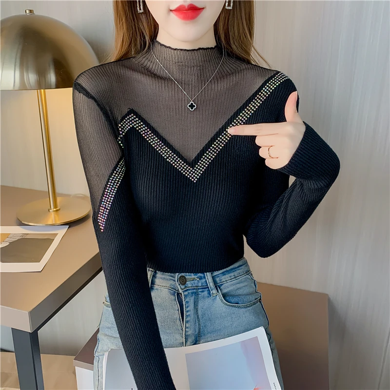 

Ladies Mesh Stitching Nail Bead Pullover Sweater Women Clothing Girls Autumn Casual Knitwear Female Woman OL Sweaters BPy2655