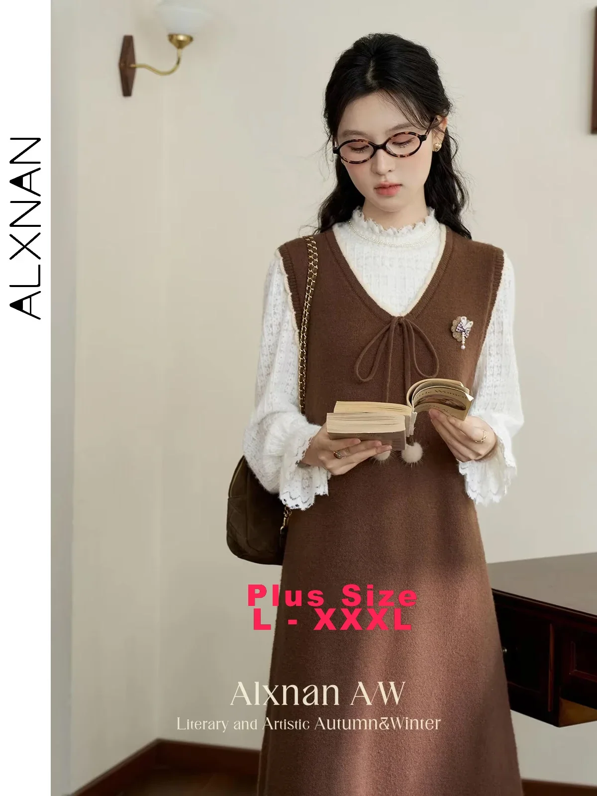 

ALXNAN женские платья-бретельки больших размеров на шнуровке с v-образным вырезом, вязаная крючком брошь, зимний сарафан трапециевидной формы без рукавов, продается отдельно D08532