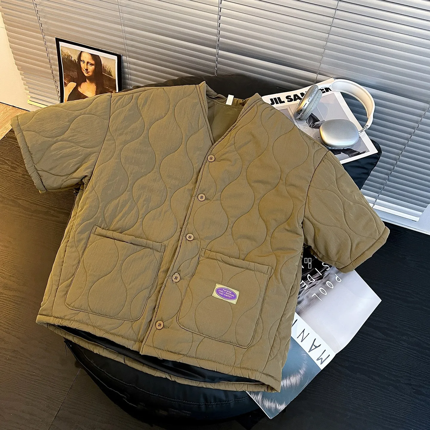 

Thiened Diamond Pattern f Sve Cotton Jaet for Men Winter Warm Sli Retro Workwear Casual Loose Fit Youth Faion