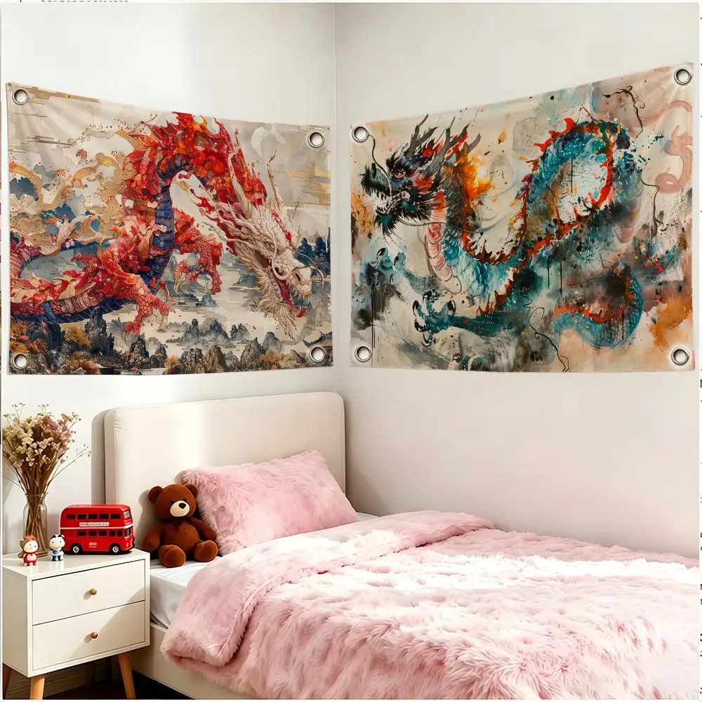 Mythical Oriental Traditional Dragon Flags Borderless Four Ring Ornament Indoor Outdoor Decoration Quick Hang Install