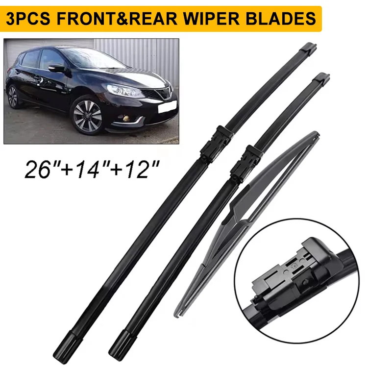Juego de escobillas limpiaparabrisas delanteras y traseras para Nissan Pulsar Tidda C13 2014 - 2023, parabrisas, ventana, 26 "+14 "+12"