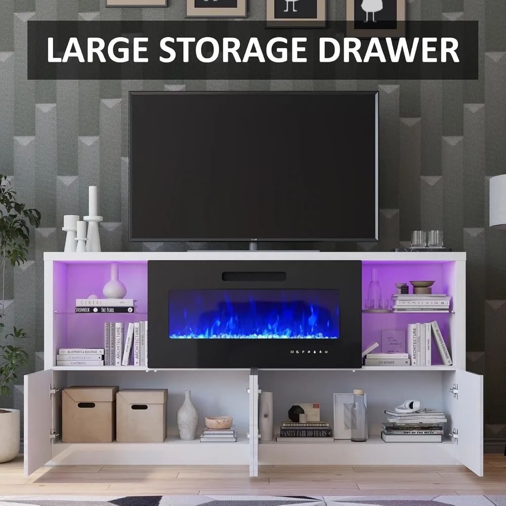 68'' Fireplace TV Stand with 40'' Fireplace,  Entertainment Center with LED Lights for TVs up to 78'',  White & Black