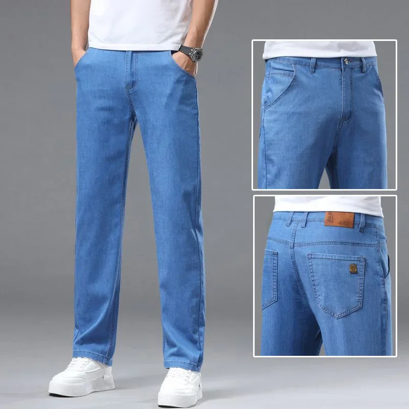 

Men's Summer Pants Business Jeans Men Light Blue Casual Straight Stretch Fashion Classic Work Denim Trousers Brand Clothing