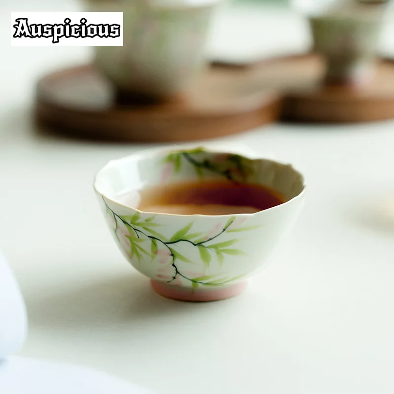 80ml Pure Hand-painted Pink Rattan Flower Teacup Female Bamboo Hat Tea Bowl Special Master Cup Ceramic Chazhan Kung Fu Teaware