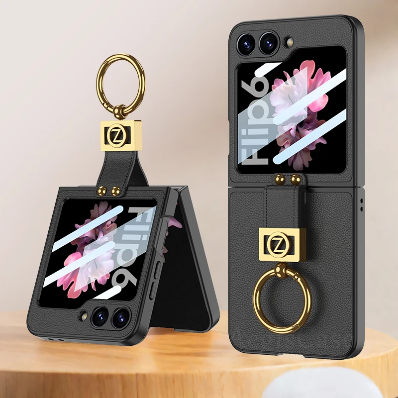 

For Samsung Galaxy Z Flip 6 5 Case Plain Leather Outer Screen Glass Ring Holder Stand Plastic Hard Cover For Galaxy Z Flip4 Case