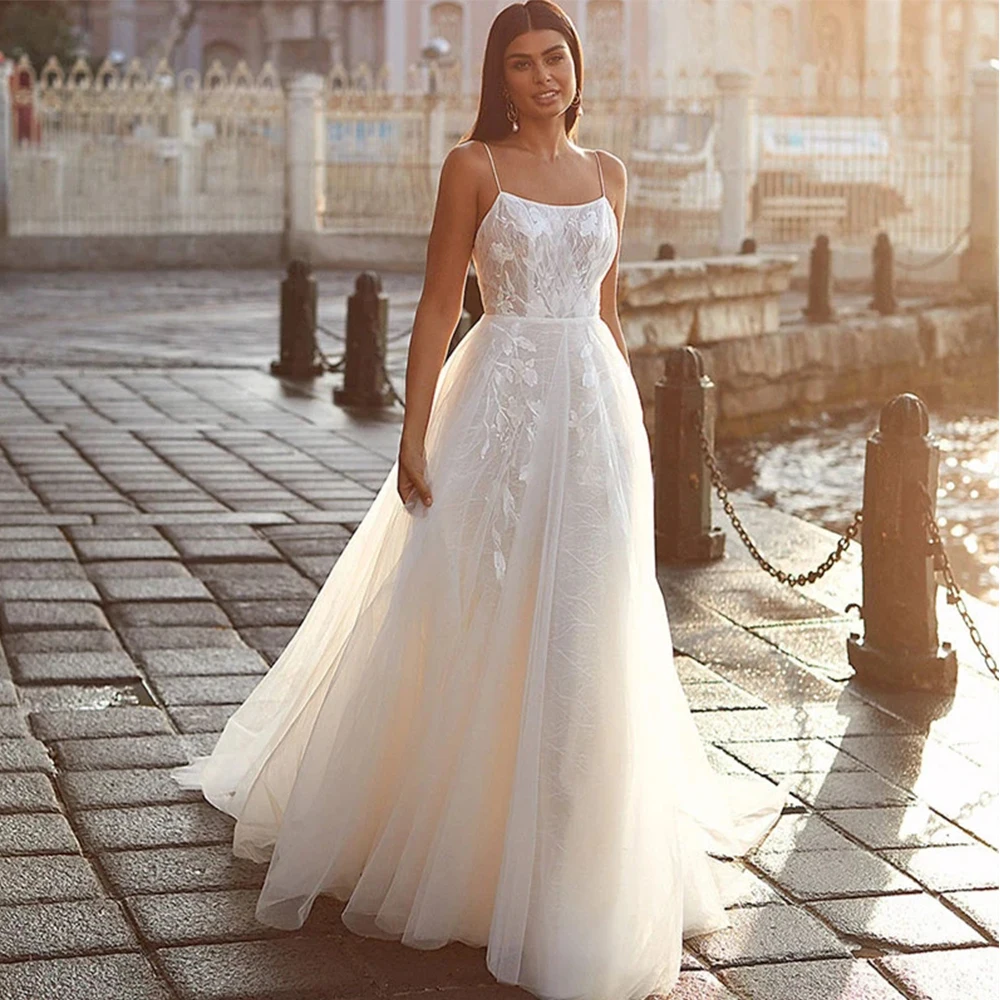 Squisiti abiti da sposa senza maniche con spalle scoperte nuovo 2023 classico colletto quadrato in pizzo principessa bellissimo abito da sposa