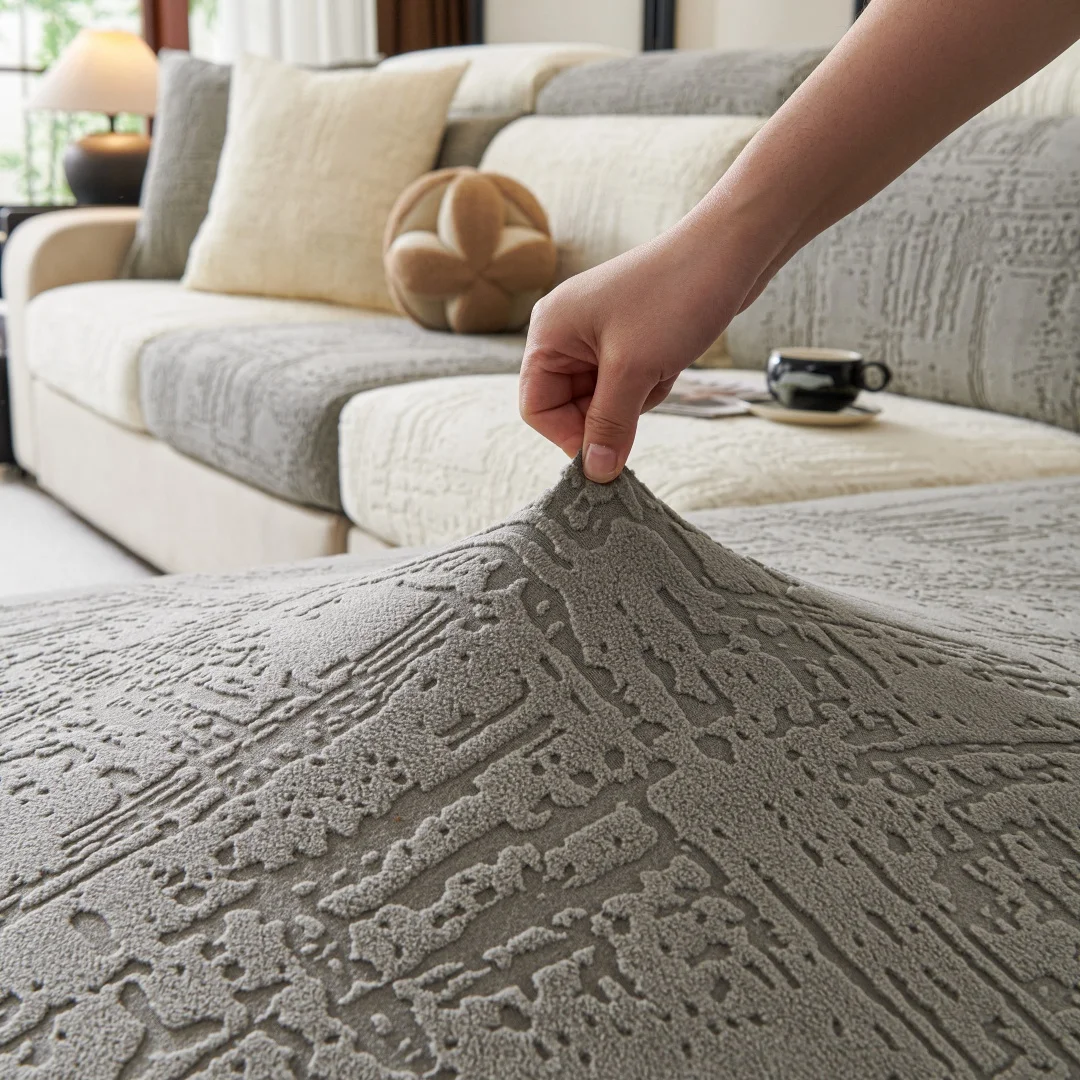 Geometric Lines Jacquard Stretchy Polar Fleece Sofa Cover for Living Room Couch Seat Slipcover Anti-Scratch Furniture Protector view 2
