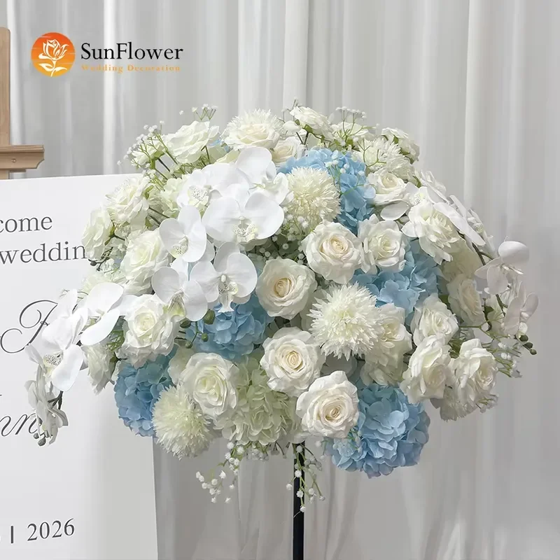 

Fresh Sky Tone Silk Floral Centerpiece White Rose Light Blue Hydrangea Mixed Flower for Beach Garden Wedding Decor