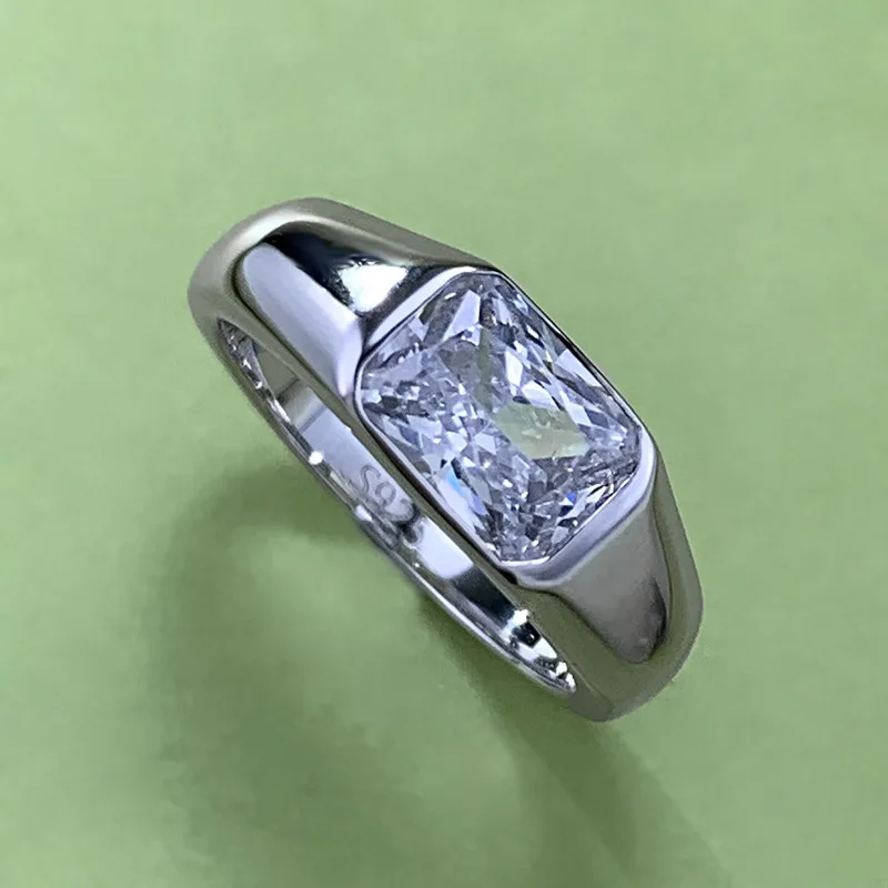 Anel de aço quadrado de prata esterlina s925 para mulheres, 2 carat, moda atmosférica high-end, streaming ao vivo, 2024x6