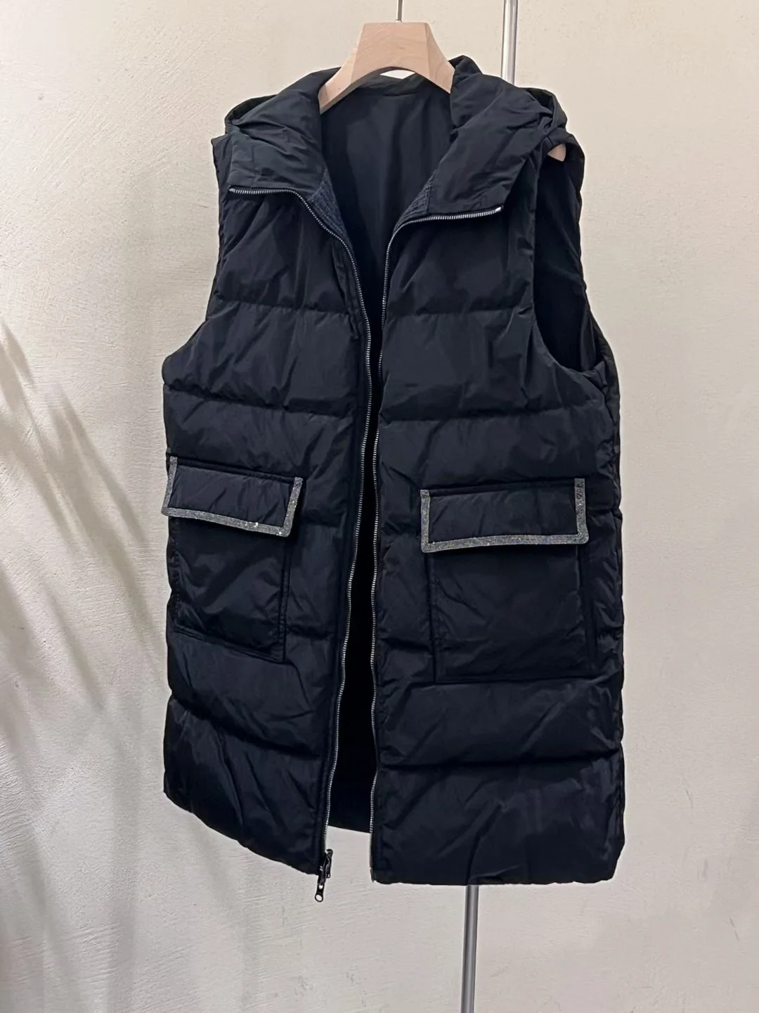 Hooded Reversible Beads Embellished Down Vest