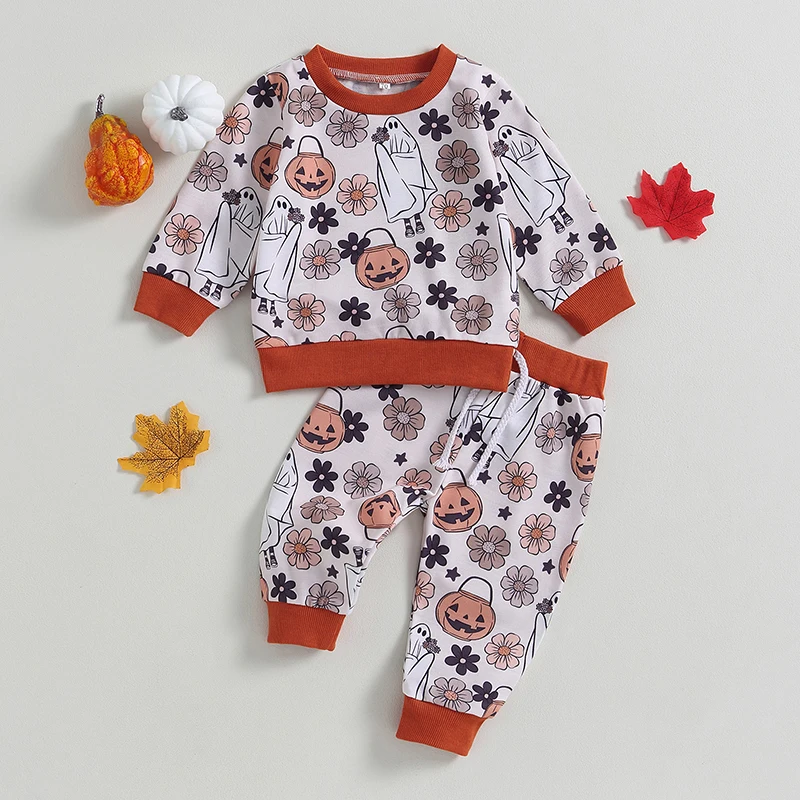 Infant Halloween Costume Set with Long Sleeve Pumpkin Print Sweatshirt and Elastic Waist Pants for Toddlers Cute Outfit